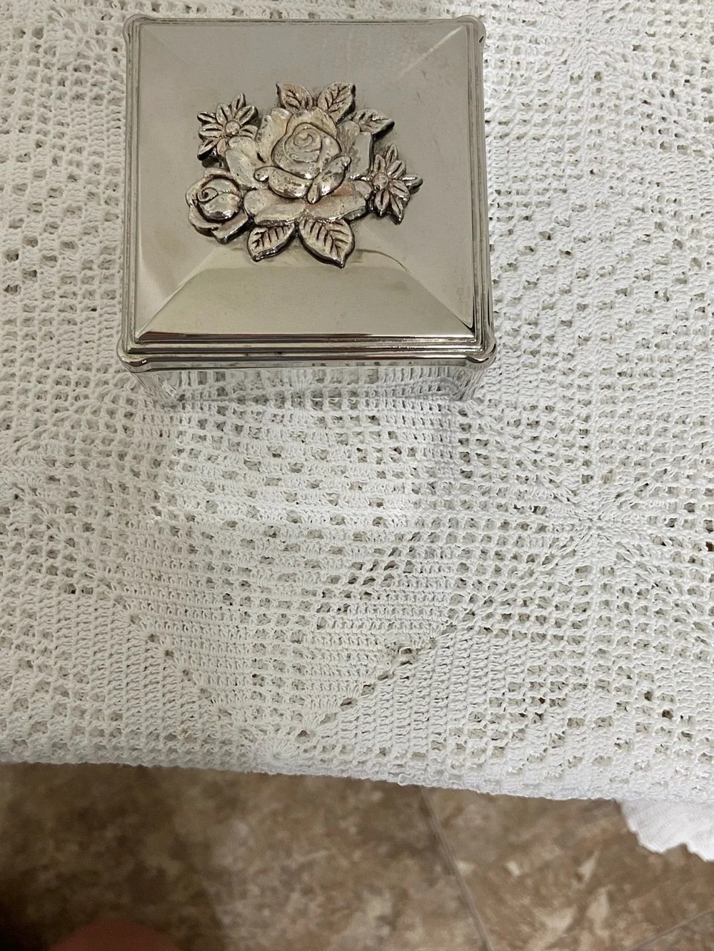 Vintage Silver Plate Rose Trinket Box 3” Floral Jewelry Box Cottagecore Vanity